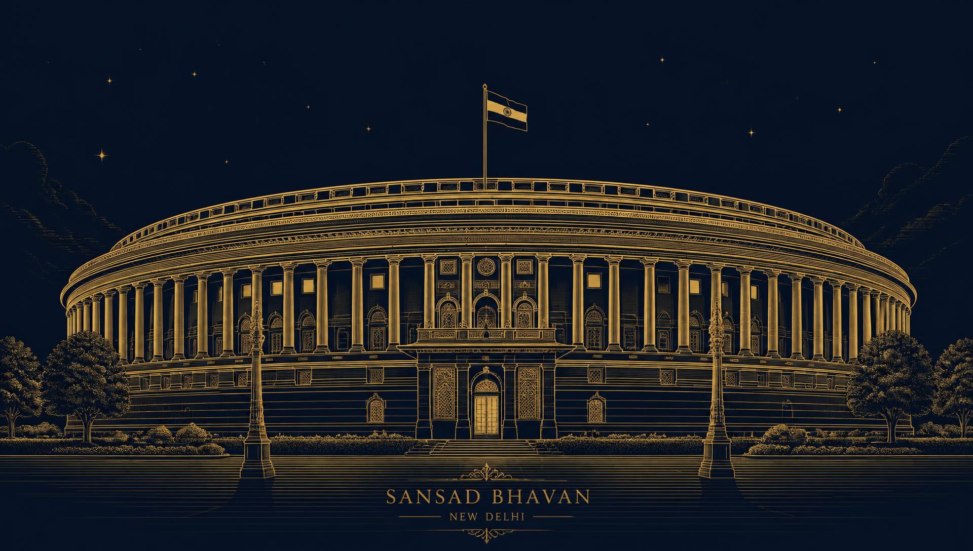 Illustration of the Parliament House of India in gold linework